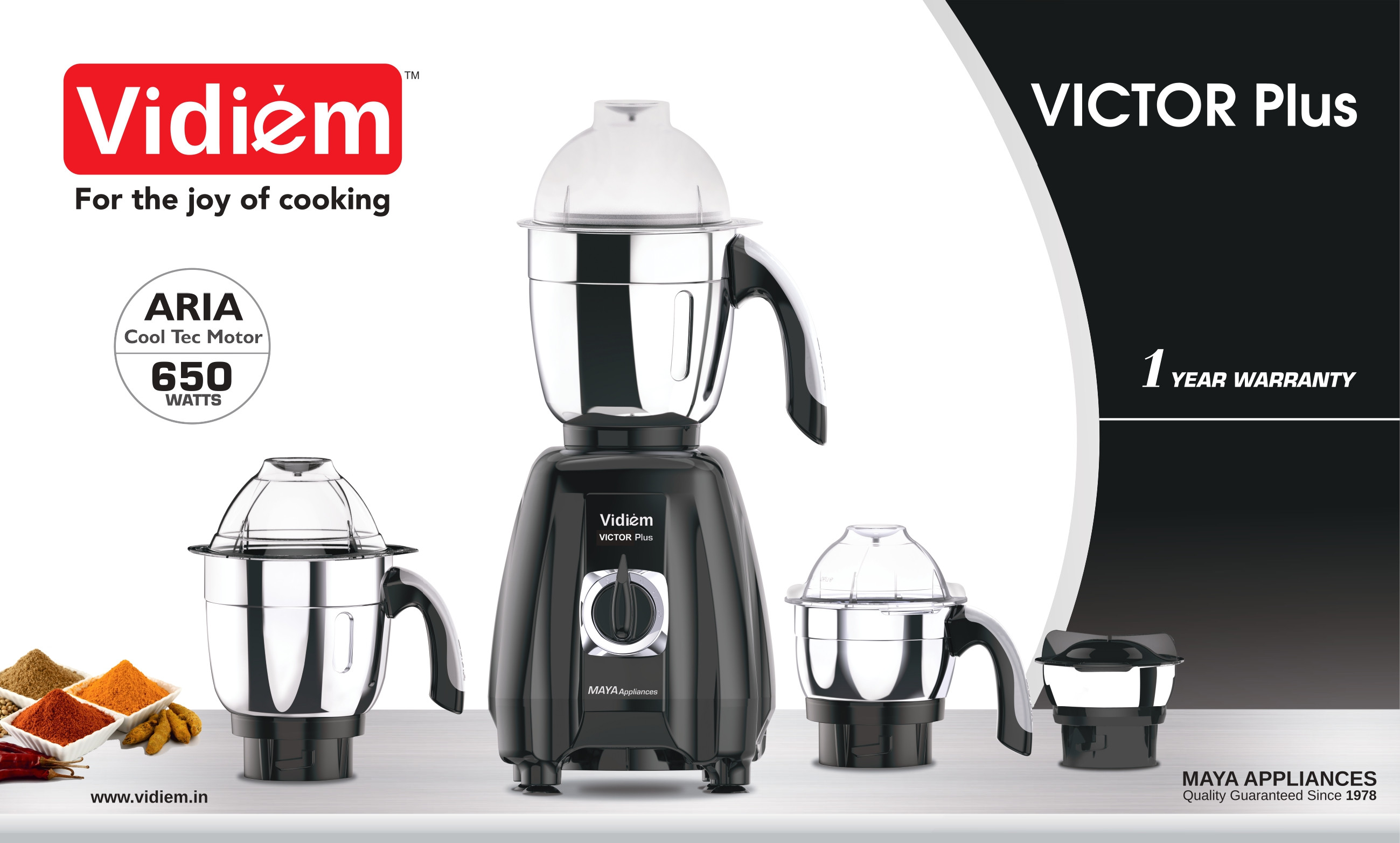 vidiem-victor-plus-mixer-grinder-110v-650w-ul-certified-motor-4-stainless-steel-jars-for-canada-usa-durable-abs-body-self-locking-jars-wet-dry-grinding