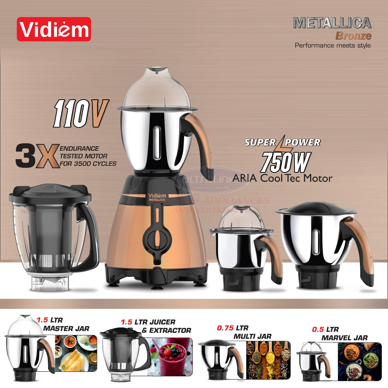 vidiem-metallica-bronze-750w-110v-stainless-steel-jars-indian-mixer-grinder-with-almond-nut-milk-spice-coffee-grinder-jar-for-use-in-canada-usa