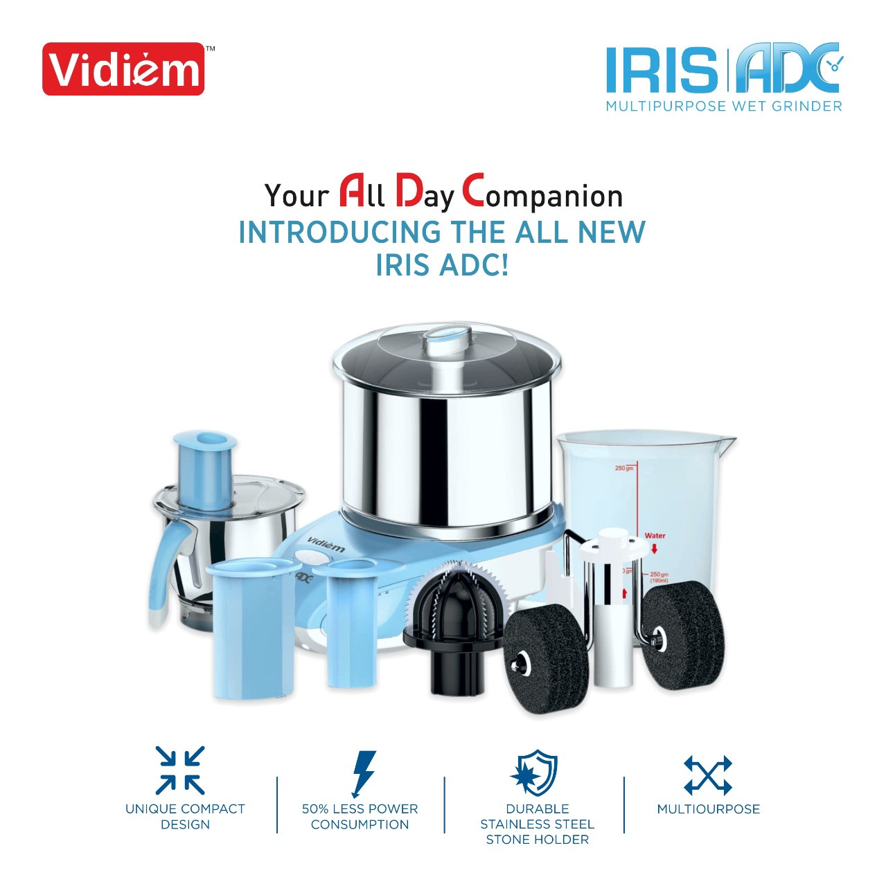 vidiem-iris-2l-multi-purpose-wet-grinder-ss-drum-stone-rollers-food-processor-multi-chef-jar-atta-kneader-110v90w-for-usa-canada-motor-rpm-1440-and-drum-rpm-150-home-commercial-use